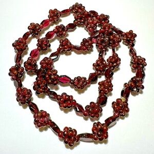 Vintage Bohemian Pyrope Garnet Woven Seed, Beaded Gemstone Cluster Necklace